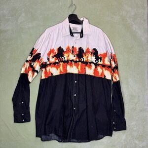 Vtg 90s Ash Creek Shirt Mens L  Horse Fire CowboyLong Sleeve Twill Button Up